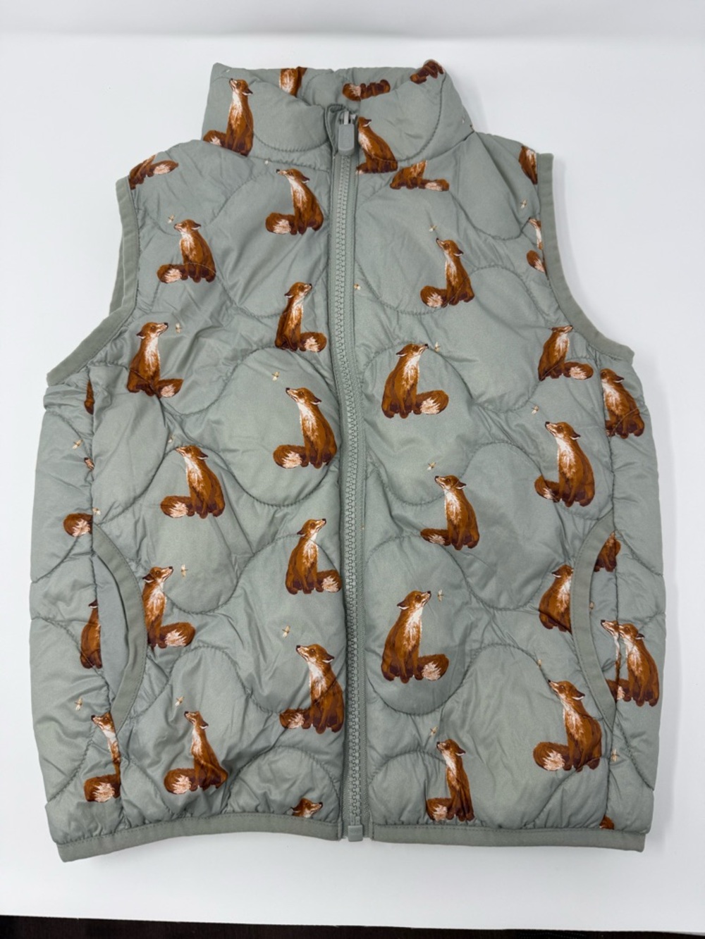 Milkbarn Kids Quilted Fox-Print Puffer Vest - Sage Size 3-4